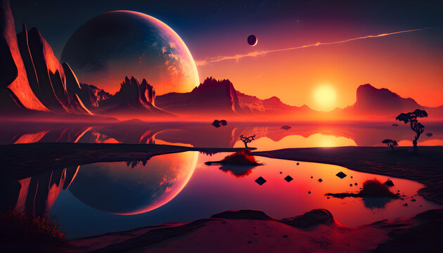 Sunset on a deserted red alien planet, a lake with reflections of the mountains, golden hour, big moon, water on a distant planet, Generative AI illustration