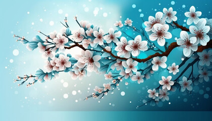 Cherry blossom branch on blue background generative AI