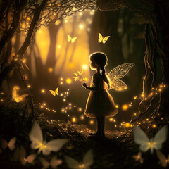 little elf girl with golden wings at night in the forest