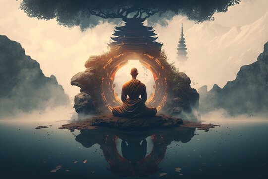 a fictional photo-realistic illustration of a monk meditating in the mountains