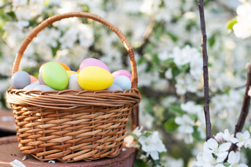 Close up of colorful Easter eggs in a basket