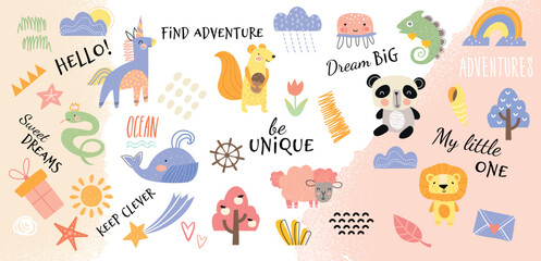 Fototapeta na wymiar Hand drawn animals with inscription. Positivity and optimism, invitation and greeting postcard design. Unicorn, whale, squirrel with nuts and panda, sheep and lizzard. Cartoon flat vector illustration