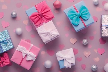 Greeting card with gift boxes, women's day, holiday card for March 8, Mother's Day, top view generative ai	