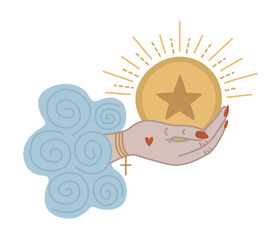 Ace of pentacles boho style, tarot card symbol of wealth