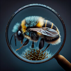 Bumble Bee Sitting on Flower Under Magnifying Glass. Generative ai
