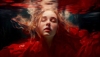 Mystical underwater portrait of a beautiful young woman , girl, with a red dress, eyes closed,
generative ai
