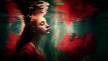 Mystical underwater portrait of a beautiful young woman , girl, with a red dress, eyes closed,
generative ai