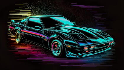 Naklejka premium American luxury 1980s vintage classic expensive sports racing car vehicle neon synthwave vaporware retrowave black background created with generative AI technology