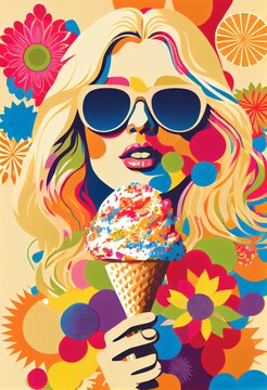 Hippie girl with sunglasses eating ice cream, floral background with lot of colors, art illustration 
generative ai