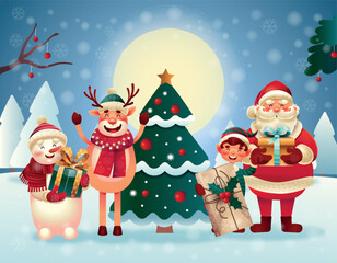 Christmas card snow scene. Santa, elf, snowman and deer with gifts stand near Christmas tree. Winter holidays and festival, New Year. Culture and traditions. Cartoon flat vector illustration