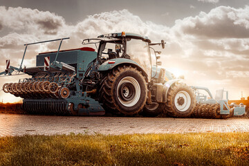 tractor for farmers on road in sunshine
