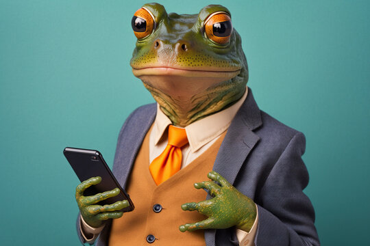 Studio photo portrait of a happy frog in business clothes holding a phone, concept of Business Attire and Positive Expression, created with Generative AI technology