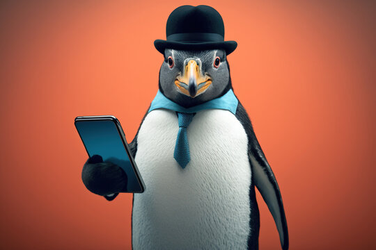 Studio photo portrait of a happy penguin in wtih phone, created with Generative AI technology