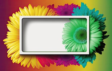 abstract white floral frame with flowers on colourful background on colourful background, generative ai