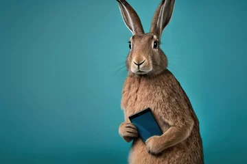 Foto op Aluminium Studio photo portrait of a hare holding a phone, concept of Business Professional and Corporate Attire, created with Generative AI technology © RealPeopleStudio