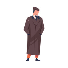 Obraz na płótnie Canvas Man Bandit or Gangster of Old London Standing Wearing Overcoat and Peaked Flat Cap Vector Illustration