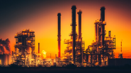 Fototapeta na wymiar Glow light of petrochemical industry on sunset atmoshere shot
