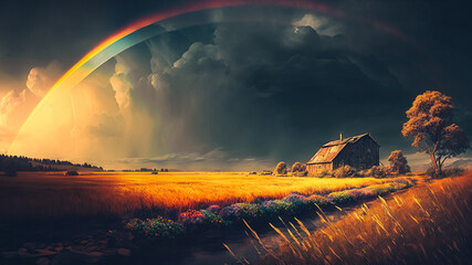 Rainbow over stormy sky. Rural landscape