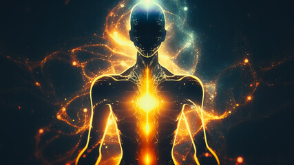 silhouette of virtual human with aura chakras