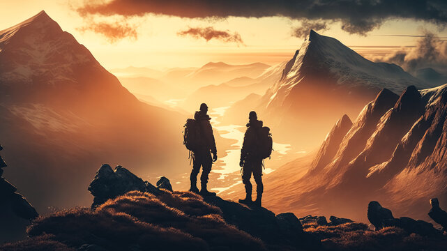 Two hikers on top of peak cinematic