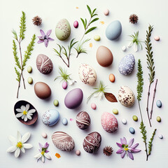 Fototapeta na wymiar Easter eggs, pastel colored eggs on a white table, floral herbal decoration, spring, Easter, season . Generative AI