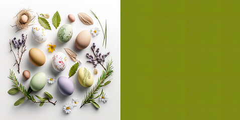 Easter eggs card with decoration, pastel colored eggs on a white table, copy space, space for your text, floral herbal decoration, spring, Easter, season . Generative AI