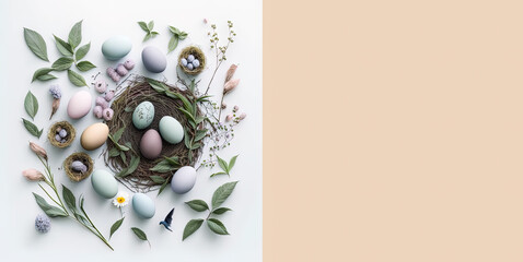 Easter eggs card with decoration, pastel colored eggs on a white table, copy space, space for your text, floral herbal decoration, spring, Easter, season . Generative AI