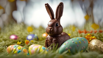 Rabbit in chocolate with eggs on a meadow, Easter eggs, Easter, green meadow, cute rabbit, spring. Generative AI