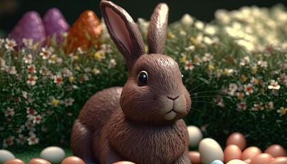 Fototapeta na wymiar Rabbit in chocolate with eggs on a meadow, Easter eggs, Easter, green meadow, cute rabbit, spring. Generative AI