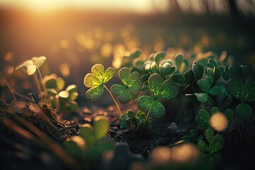 Four-leaf green clover for good luck on St. Patrick's Day, green background, spring festival, clover plant. Generative AI