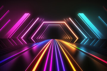 Wall with neon led light shapes. Abstract dark glow background. 3D