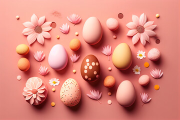 Fototapeta na wymiar chocolate easter eggs on pink pastel background generative ai