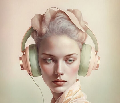 Young beautiful woman with headphones. AI generated image.	
