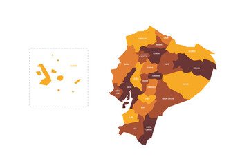 Ecuador political map of administrative divisions - provinces. Flat vector map with name labels. Brown - orange color scheme.