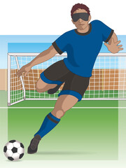 para sports paralympic 5-a-side football visual impaired male player kicking ball with net and field in background