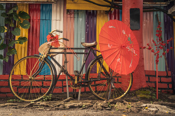 rainbow colored old bicycle and oil paper umbrella