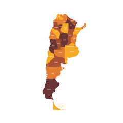 Argentina political map of administrative divisions - provinces and autonomous city of Buenos Aires. Flat vector map with name labels. Brown - orange color scheme.