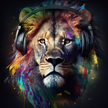 Cool neon party lion in headphones on black background. Generative AI