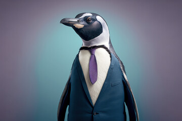 Studio photo portrait of a penguin in business clothes, concept of Business Professional and Formal Attire, created with Generative AI technology - obrazy, fototapety, plakaty