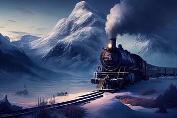 Snowy mountains with a steam locomotive train winding through the scenic landscape, the polar express, stunning environment. Generative AI. - obrazy, fototapety, plakaty