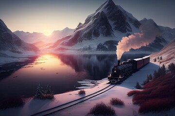 Snowy mountains with a steam locomotive train winding through the scenic landscape, the polar express, stunning environment. Generative AI.