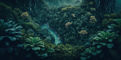 Top view of rain forest landscape, concept of Aerial Perspective and Tropical Setting, created with Generative AI technology