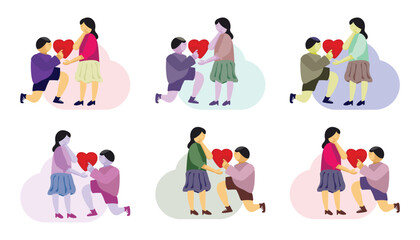 Valentines Day. Men Make Proposals for Women by offering hearts and kneeling and loving.  Bundle Cartoon Flat Vector Illustration