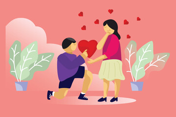 A happy Valentines Day. Men Make Proposals for Women by offering hearts and kneeling and loving. Human Relationships, Happiness Surprise Love Cartoon Flat Vector Illustrations
