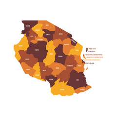 Tanzania political map of administrative divisions - regions. Flat vector map with name labels. Brown - orange color scheme.
