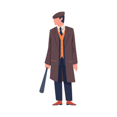Man Bandit or Gangster of Old London Wearing Overcoat and Peaked Flat Cap Vector Illustration