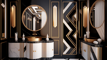 Interior design Classic and elegant styles Art Deco Bathroom| Glamour, elegance, geometric elements, abstract prints, golden details. Black, white and gold | Illustration Generated AI