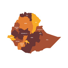 Ethiopia political map of administrative divisions - regions and chartered cities. Flat vector map with name labels. Brown - orange color scheme.