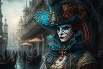 Woman with a blue carnival mask in Venice. Generative AI
