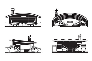 Different transportation buildings with vehicles – vector illustration